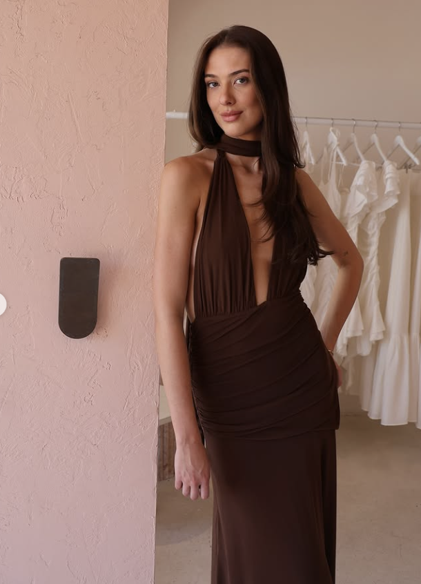 Fiesta Halterneck Maxi Dress in Chocolate