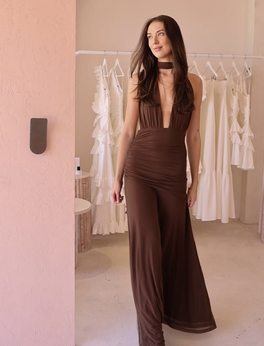 Fiesta Halterneck Maxi Dress in Chocolate